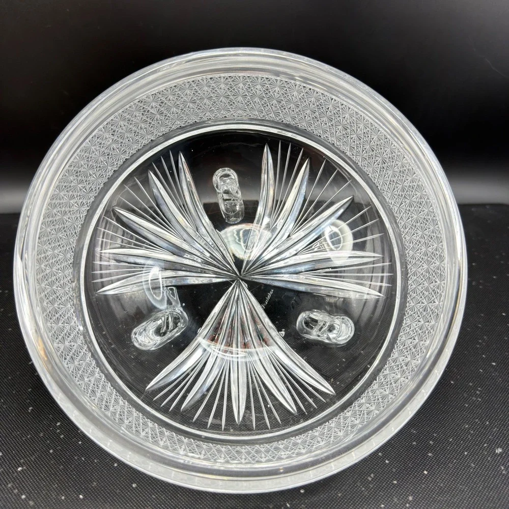 Signed Heavy Clear Crystal‎ Footed Bowl Etched Starburst Pattern Vintage Decor